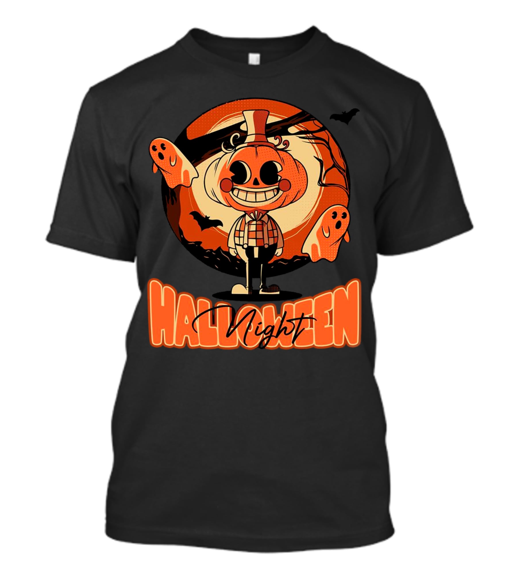 Halloween Night Pumpkin Head Boy With Ghosts And Bats T-Shirt