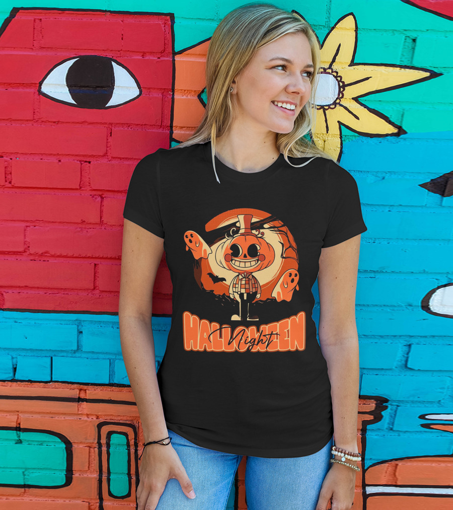 Halloween Night Pumpkin Head Boy With Ghosts And Bats T-Shirt