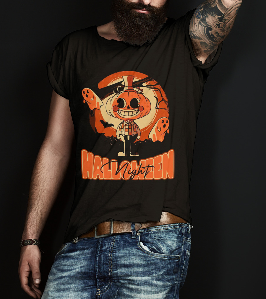Halloween Night Pumpkin Head Boy With Ghosts And Bats T-Shirt