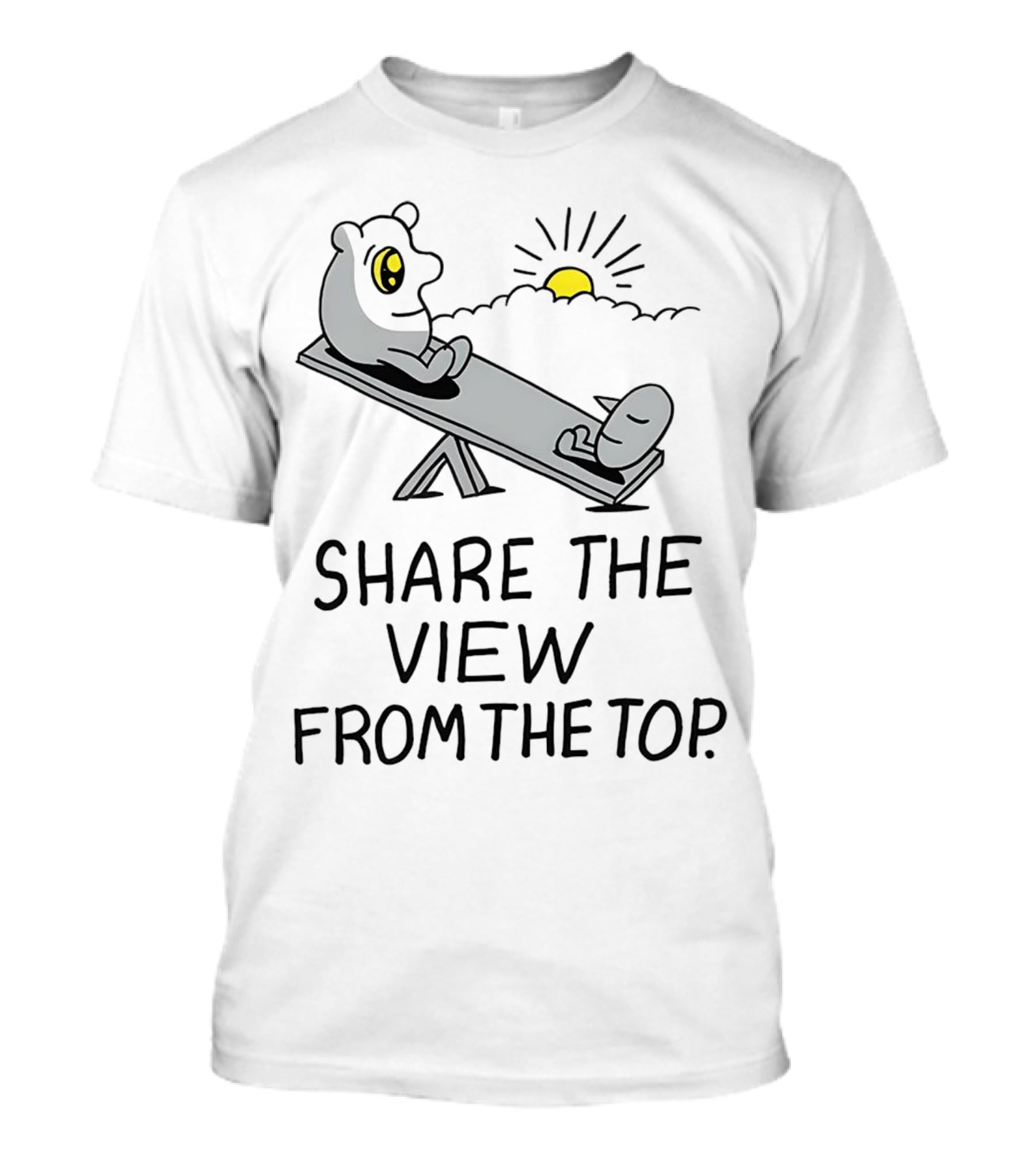 Share The View From The Top - Cartoon Figures On Teeter-Totter With Sunset T-Shirt
