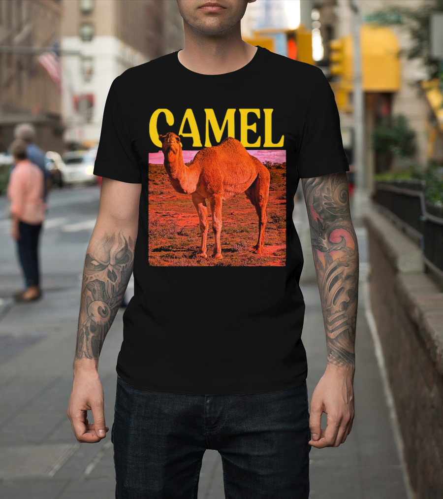 Camel in Vibrant Orange Desert Landscape T-Shirt