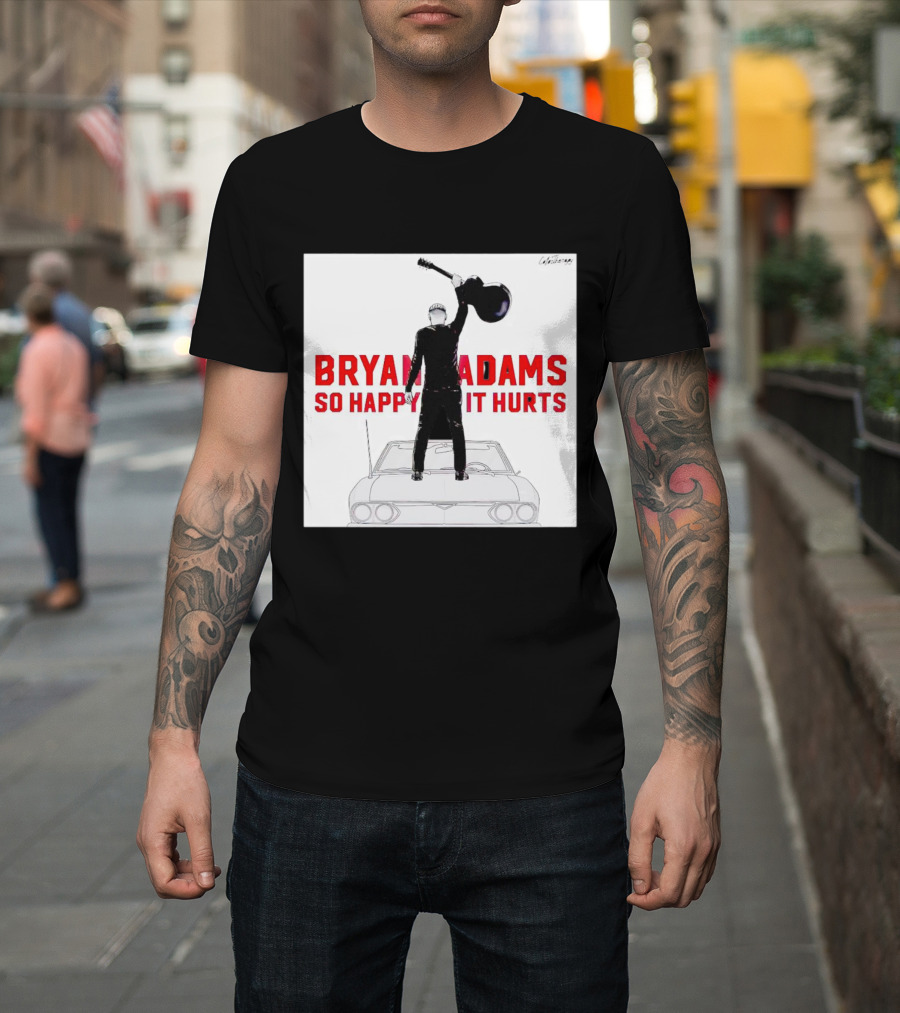 Bryan Adams So Happy It Hurts Album Cover Art Standing On Car With Guitar T-Shirt