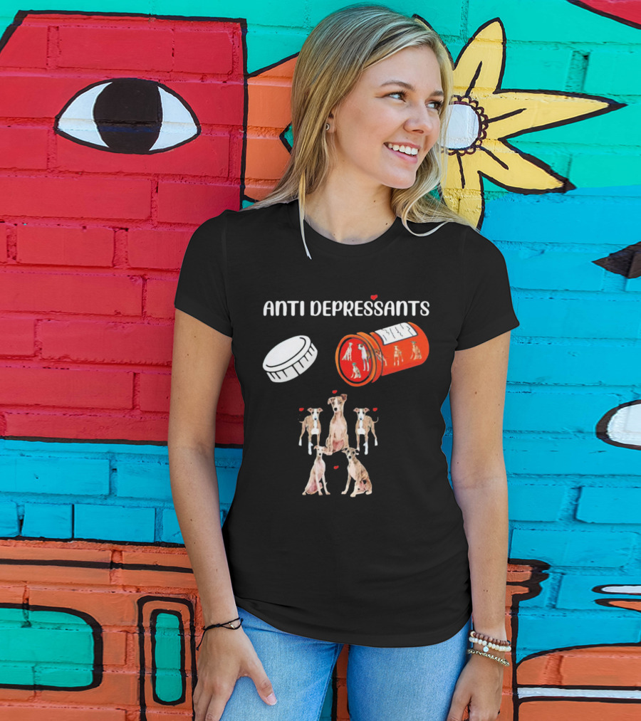 Anti Depressants Dogs Medicine Bottle With Greyhound Puppies T-Shirt