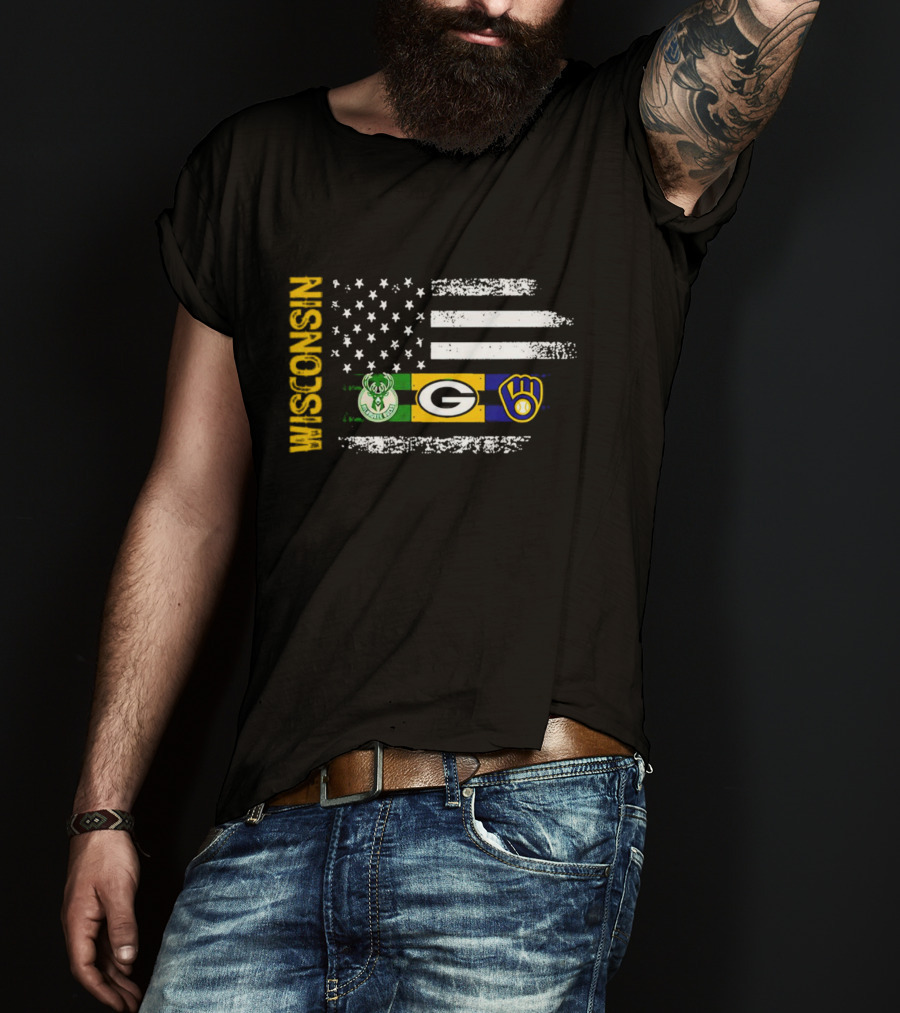 Wisconsin Flag American Sports Green Bay Packers Milwaukee Bucks Milwaukee Brewers T-Shirt