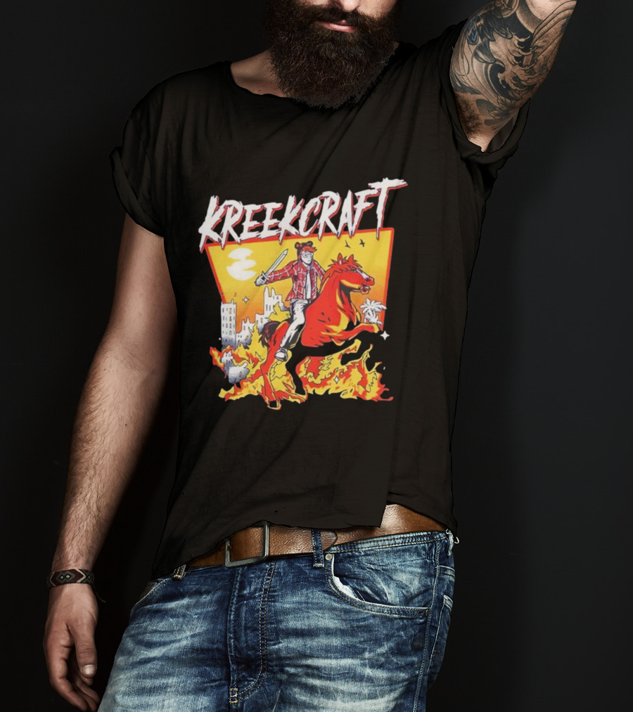 Kreekcraft Warrior Riding Fiery Horse In Urban Landscape T-Shirt