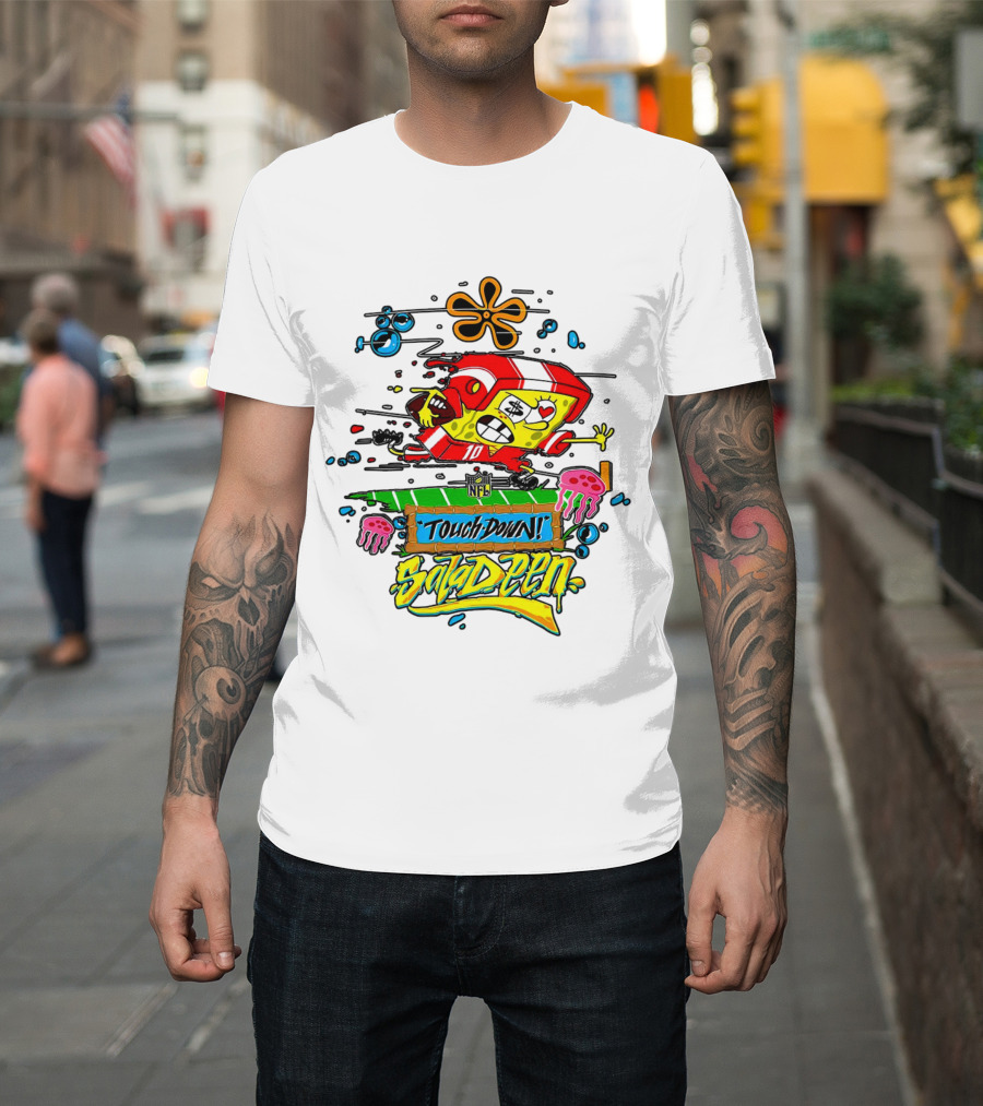 NFL Junk Food SpongeBob x King Saladeen Touchdown Saladeen Graffiti Art Football Character Burst T-Shirt