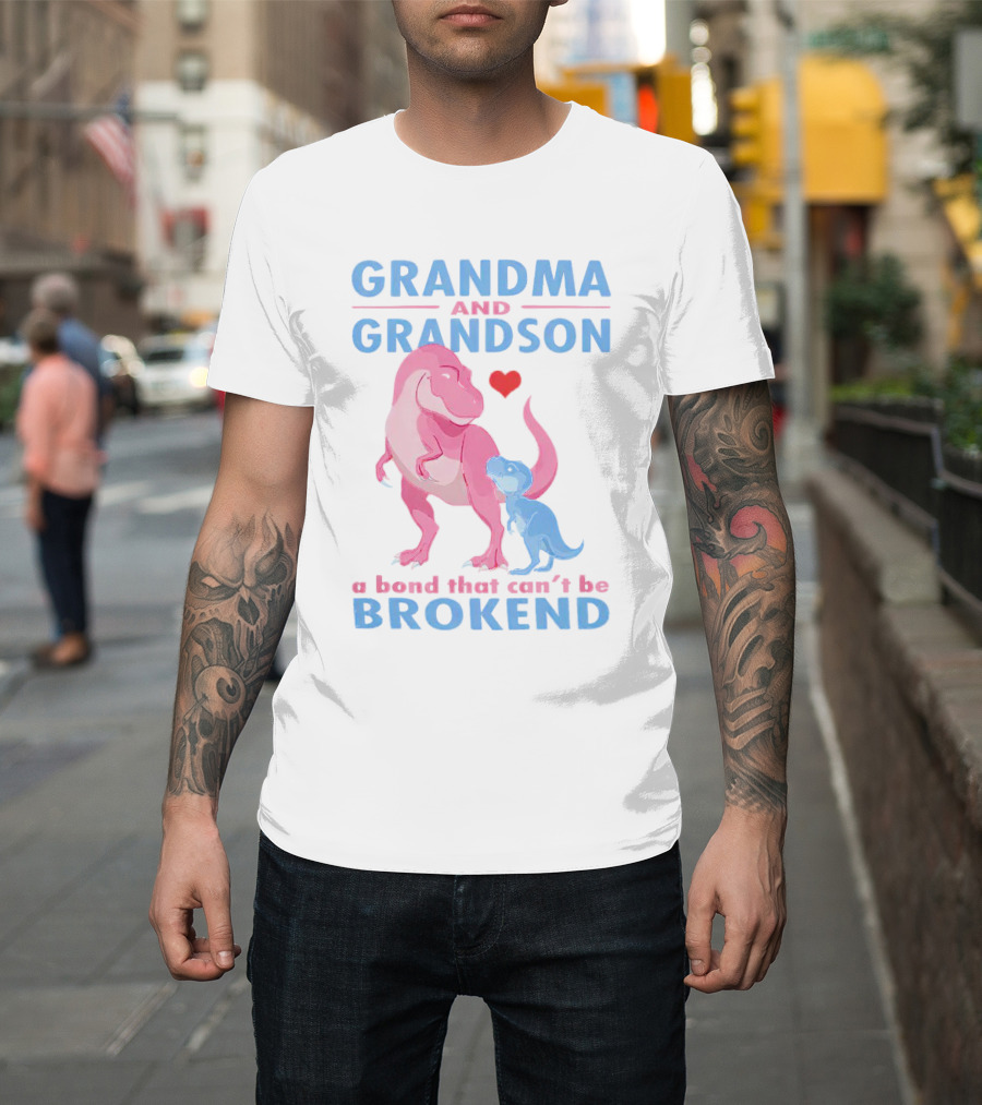 Grandma and Grandson a Bond That Can't Be Broken with Pink and Blue Dinosaurs and Heart T-Shirt