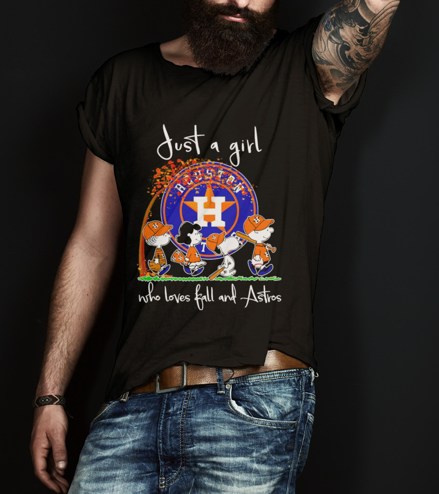 Just A Girl Who Loves Fall And Houston Astros Snoopy Peanuts Baseball Scene T-Shirt