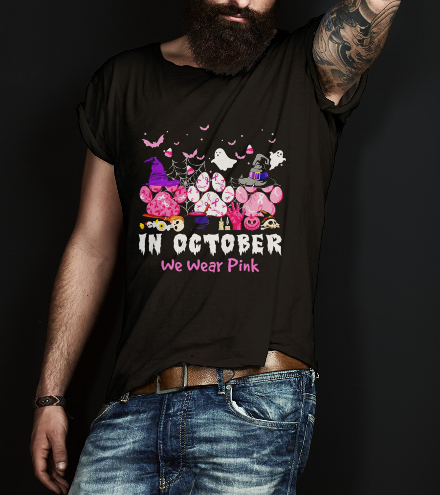 In October We Wear Pink Halloween Dog Paws Ghost Witch Hat T-Shirt