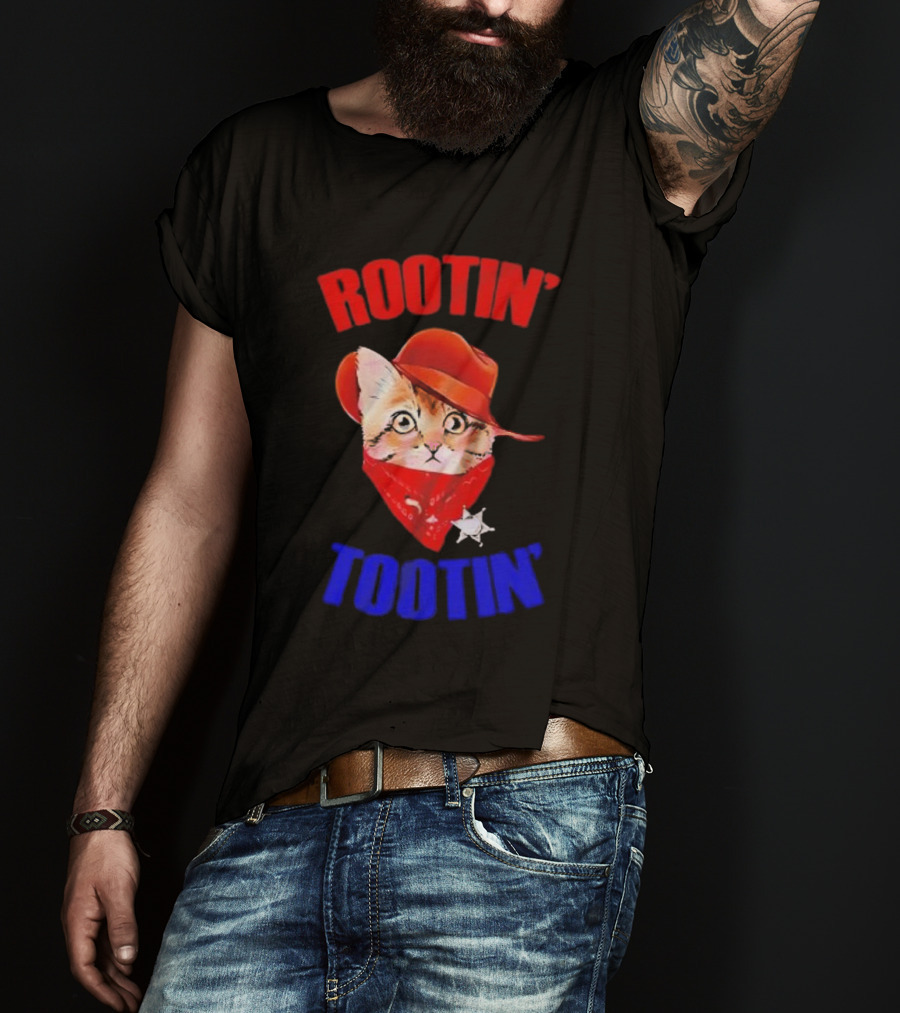 Rootin Tootin Cat Cowboy Vintage Red Hat And Bandana With Sheriff Star T-Shirt