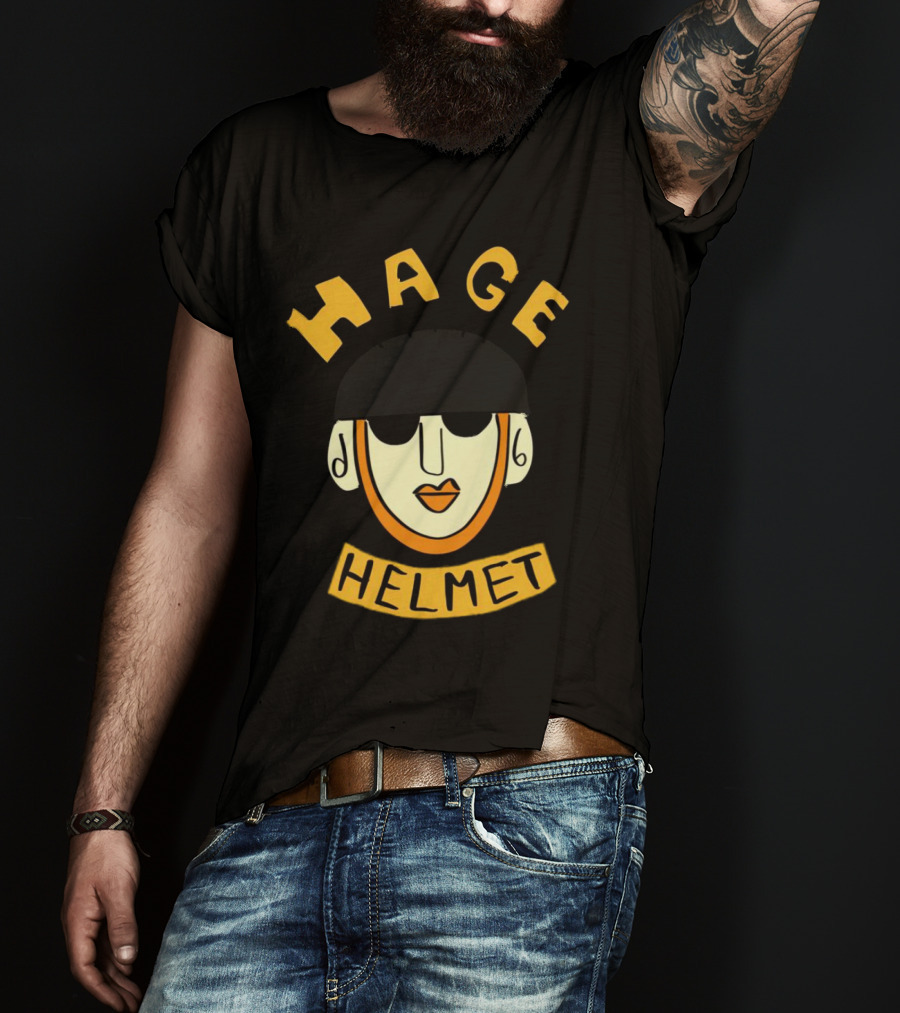 HAGE Helmet Face Black Cap Bold Lettering T-Shirt