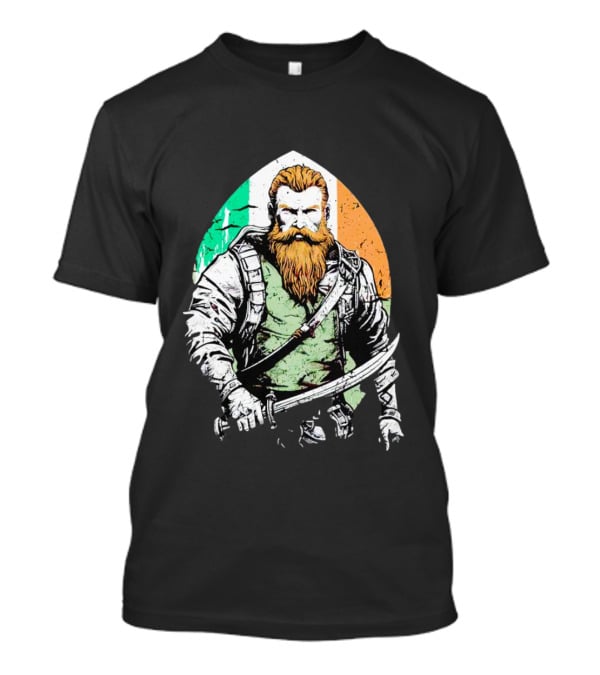 Irish American Pride Warrior With Sword And Flag Background T-Shirt