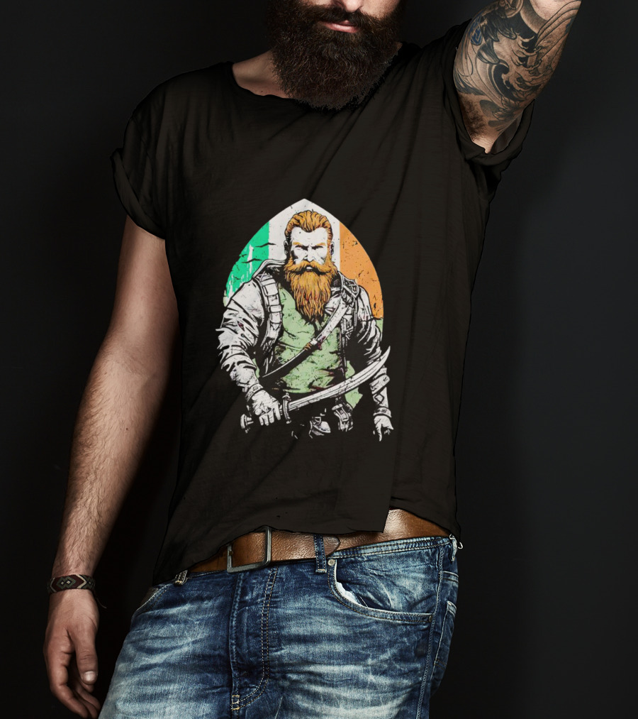 Irish American Pride Warrior With Sword And Flag Background T-Shirt