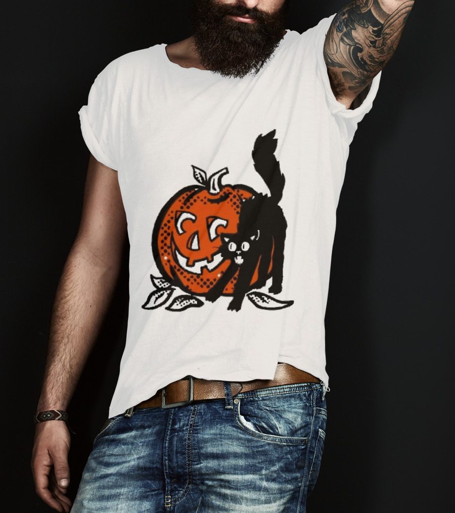 Vintage Halloween Pumpkin And Black Cat T-Shirt