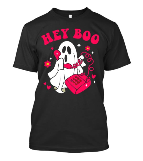 Hey Boo Ghost Talking On Pink Phone With Hearts And Flowers Halloween T-Shirt