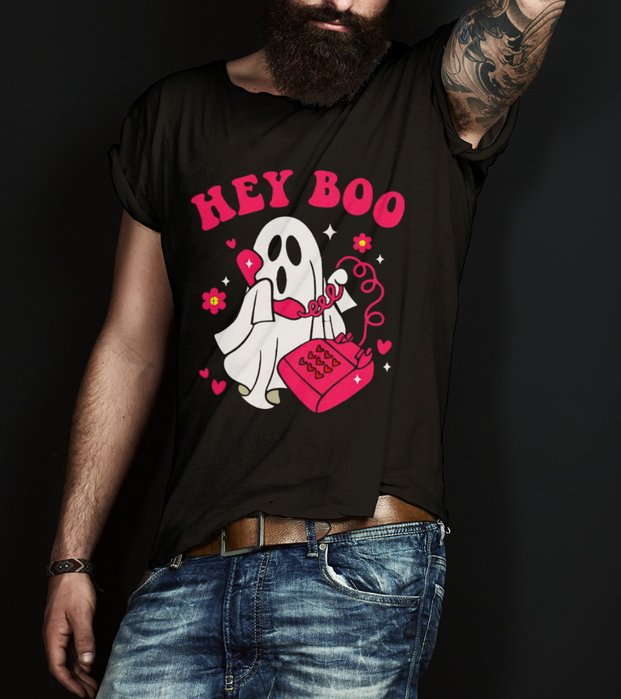 Hey Boo Ghost Talking On Pink Phone With Hearts And Flowers Halloween T-Shirt