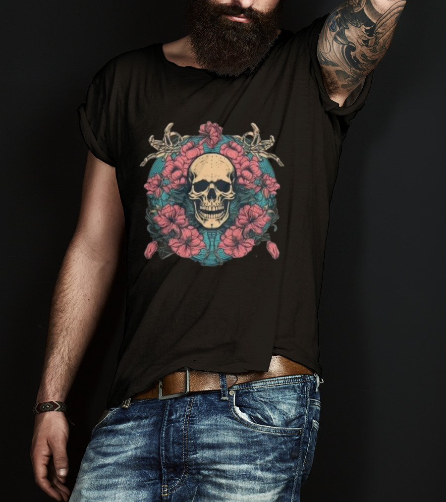 Tropical Skull Surrounded By Flowers Halloween T-Shirt