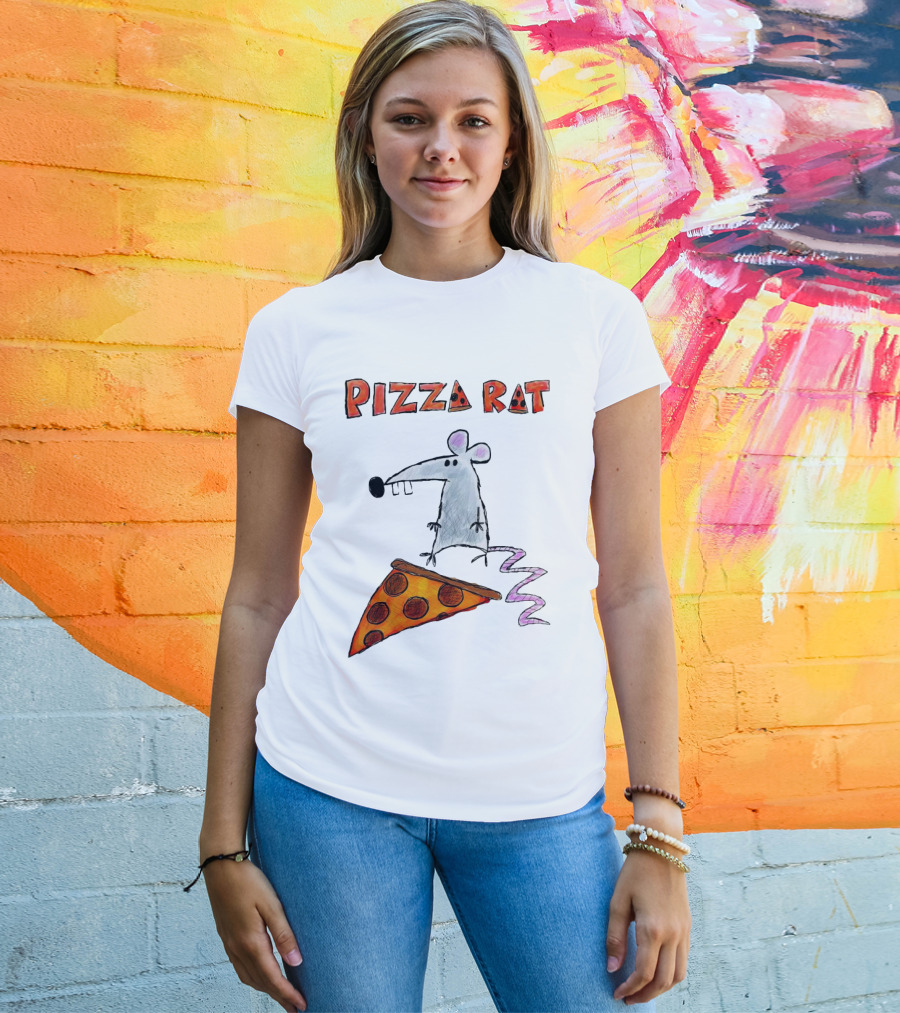 Pizza Rat Riding Pepperoni Slice With Whimsical Cartoon T-Shirt