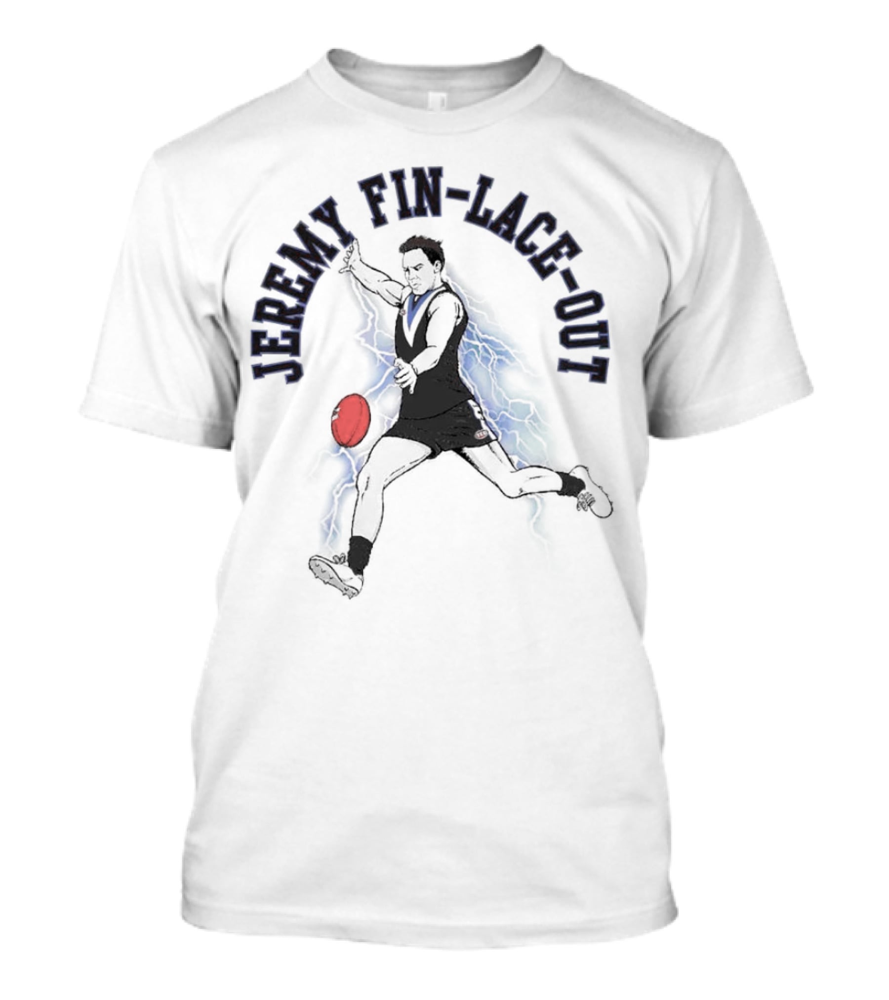 Jeremy Fin-lace-out AFL Kicking Action With Blue Lightning And Red Football T-Shirt