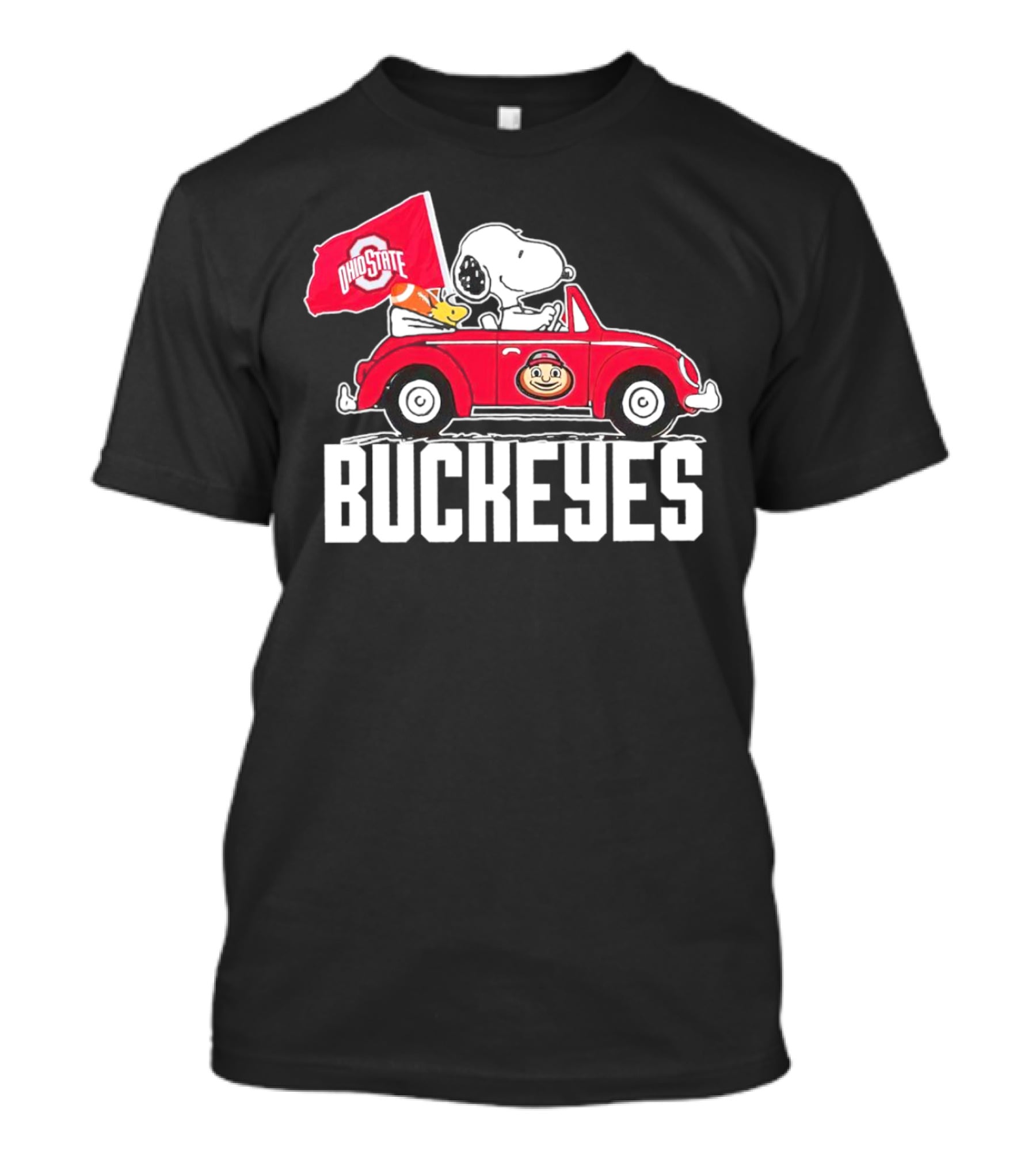 Snoopy And Woodstock Driving Red Car With Ohio State Buckeyes Flag T-Shirt