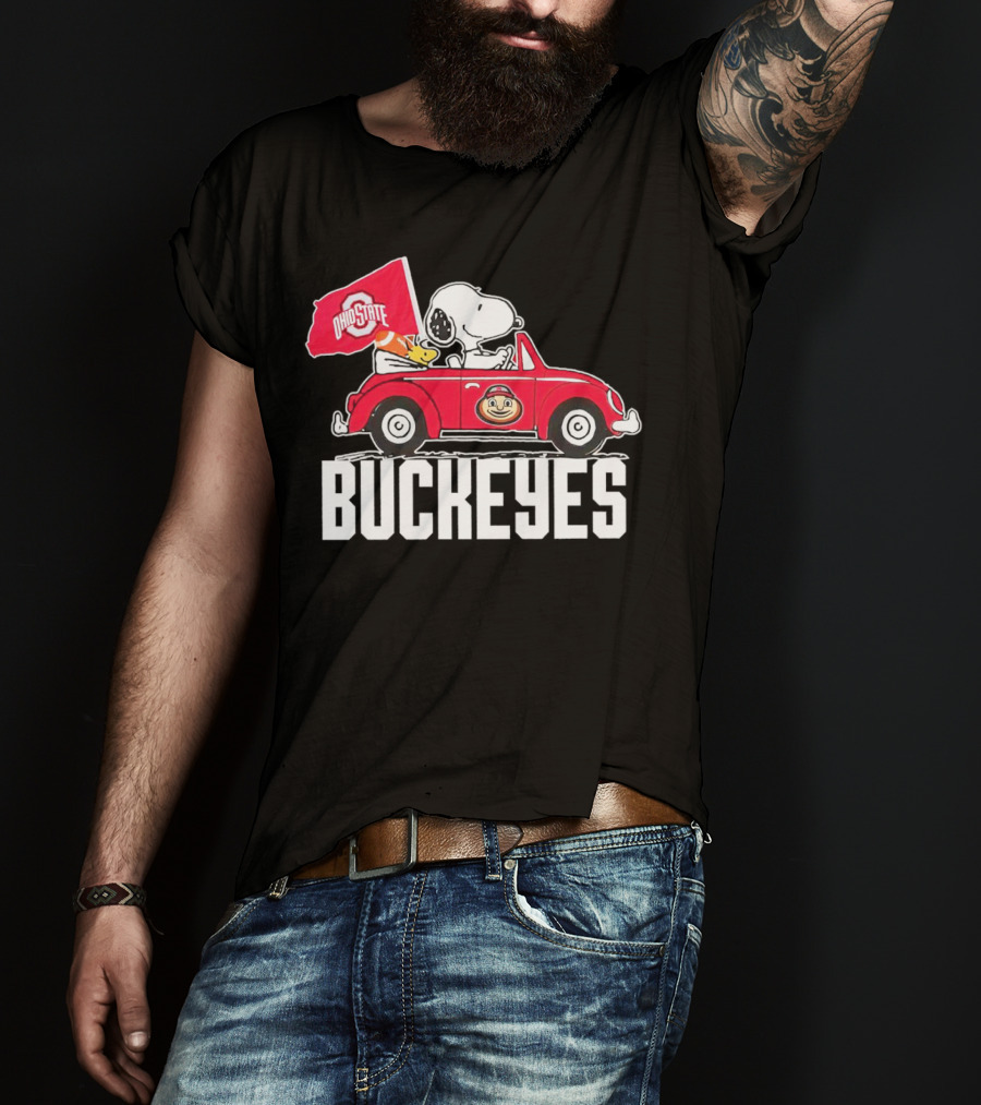 Snoopy And Woodstock Driving Red Car With Ohio State Buckeyes Flag T-Shirt