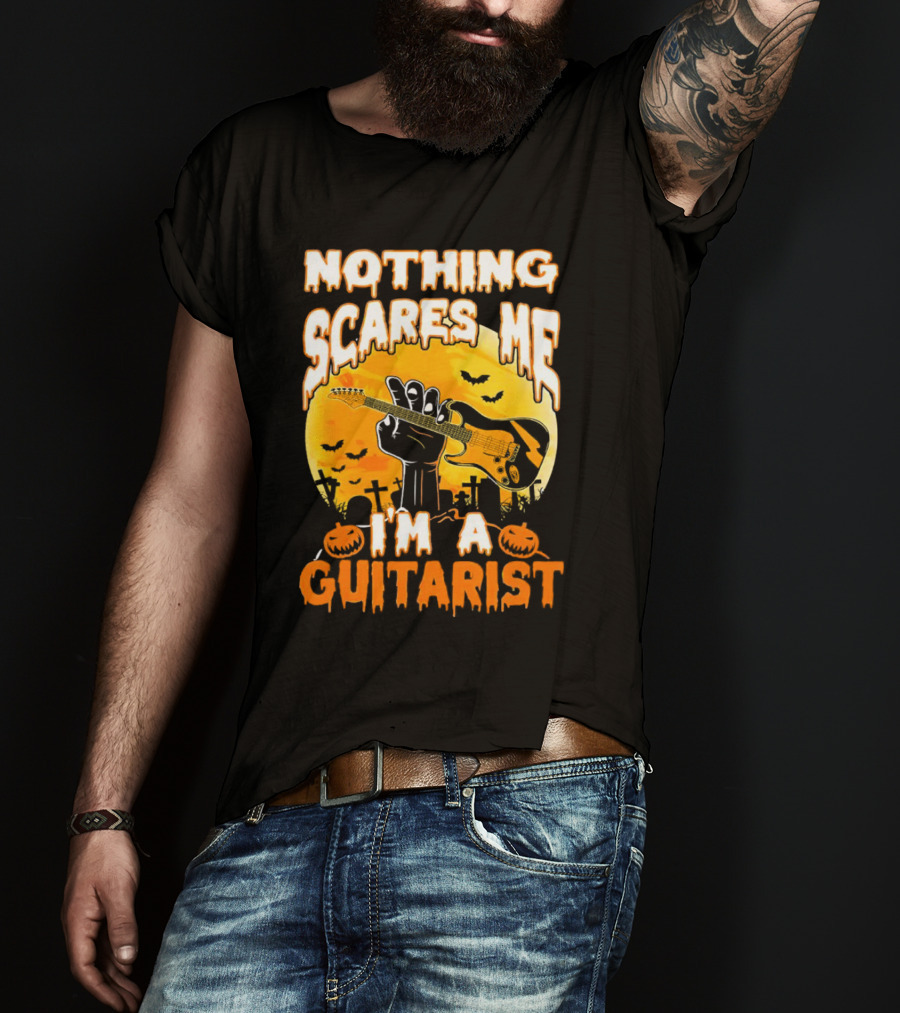 Nothing Scares Me I'm A Guitarist Music Vintage Halloween Graveyard Scene Guitar Hand Pumpkins Bats T-Shirt