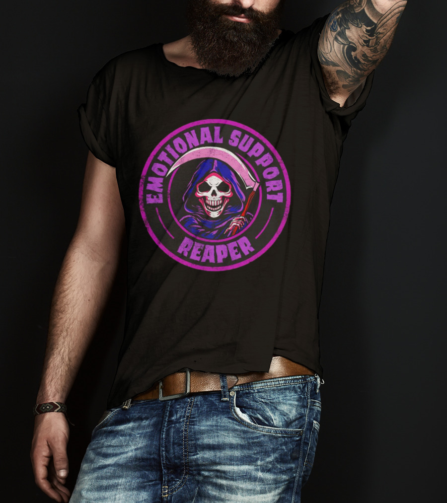 Emotional Support Reaper Skeleton With Scythe In Purple Hood T-Shirt