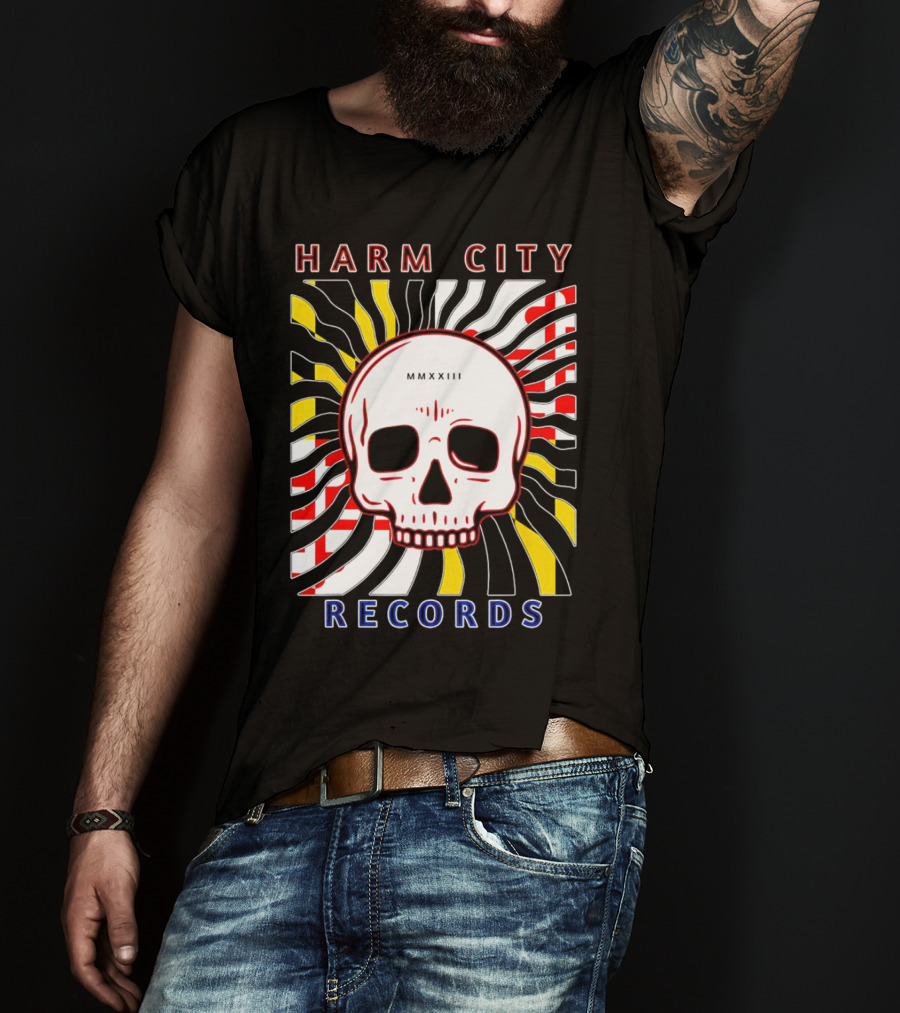 Harm City Records Baltimore Maryland Charm City MMXXIII Skull T-Shirt