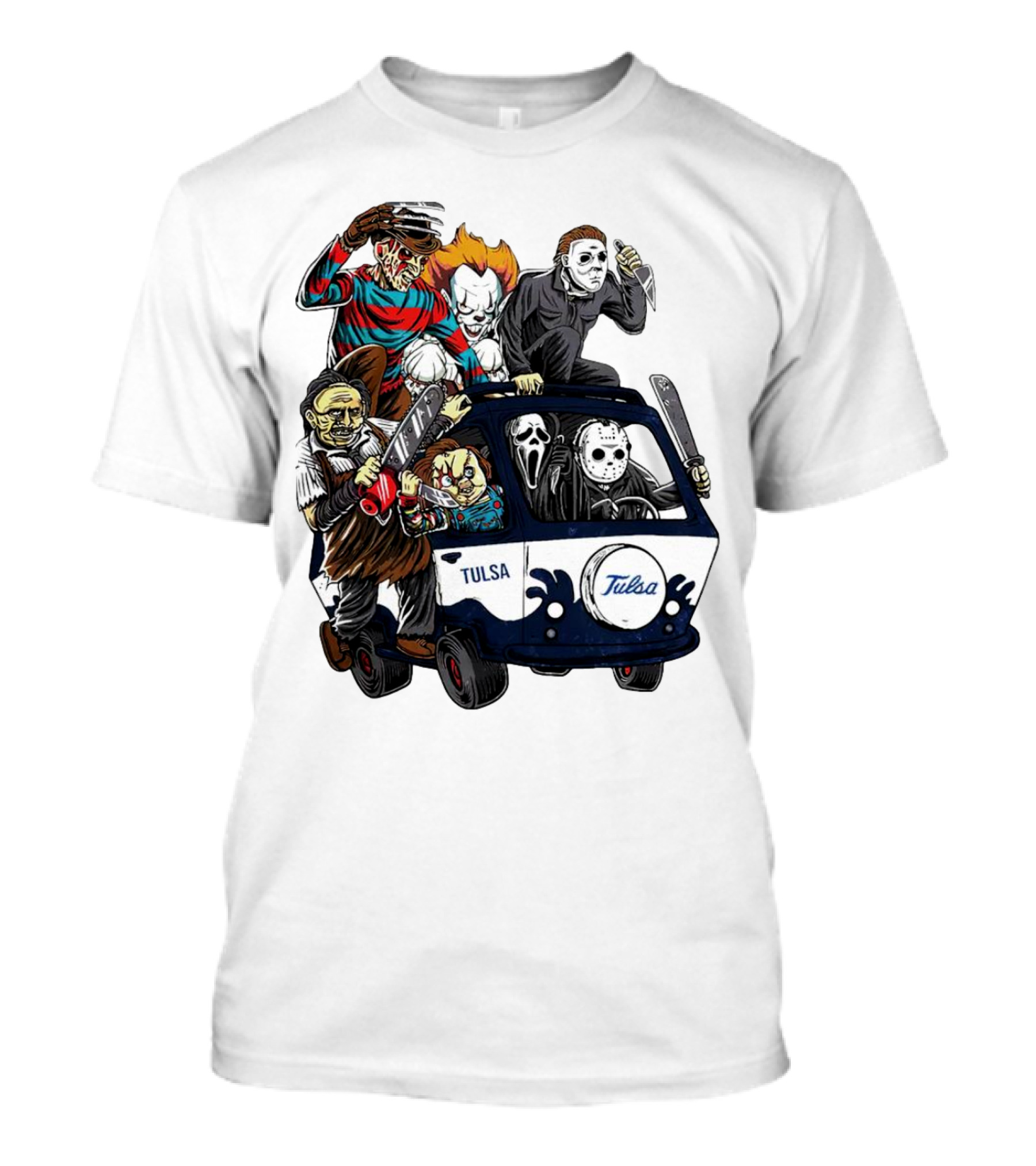 Tulsa Golden Hurricane Halloween Horror Characters Bus T-Shirt