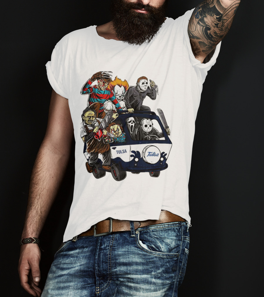 Tulsa Golden Hurricane Halloween Horror Characters Bus T-Shirt