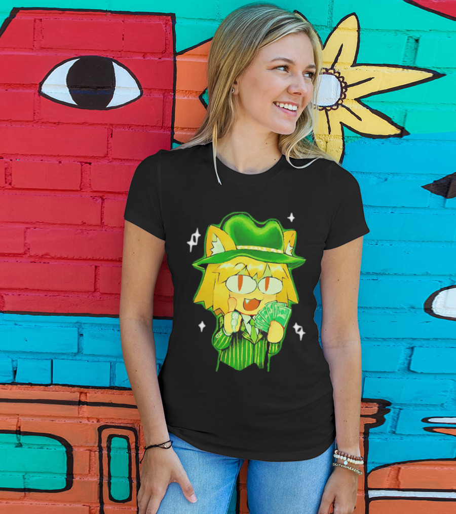 Sunny Waifu Gangster Neco-Arc Anime Cat Character With Money And Green Hat T-Shirt
