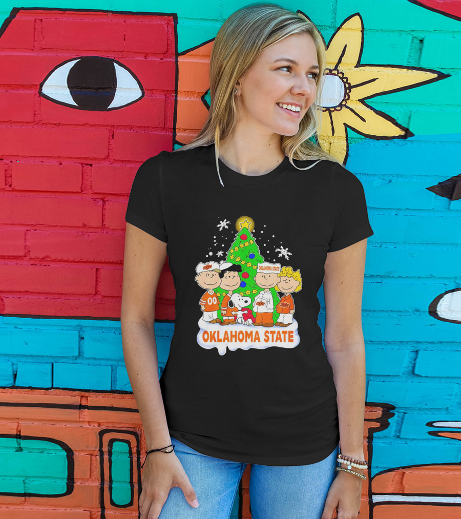 Peanuts Oklahoma State Cowboys Christmas Tree Snoopy Charlie Brown Lucy Peppermint Patty T-Shirt