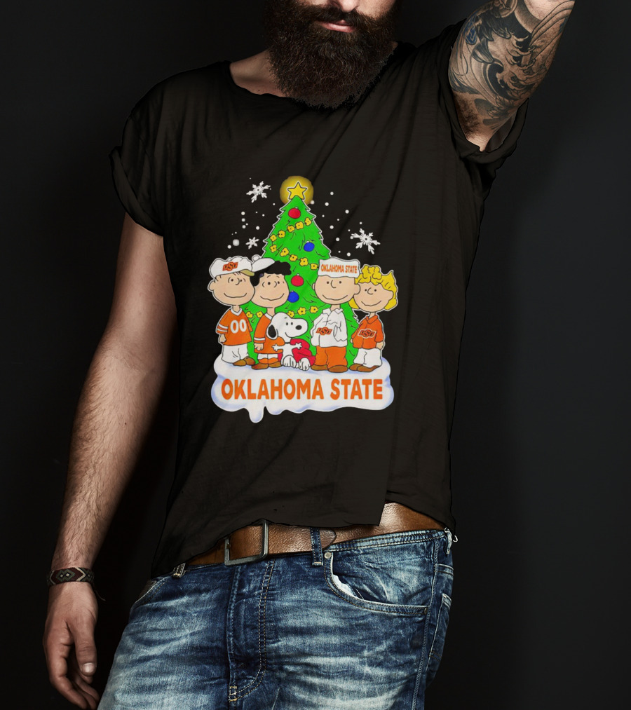 Peanuts Oklahoma State Cowboys Christmas Tree Snoopy Charlie Brown Lucy Peppermint Patty T-Shirt