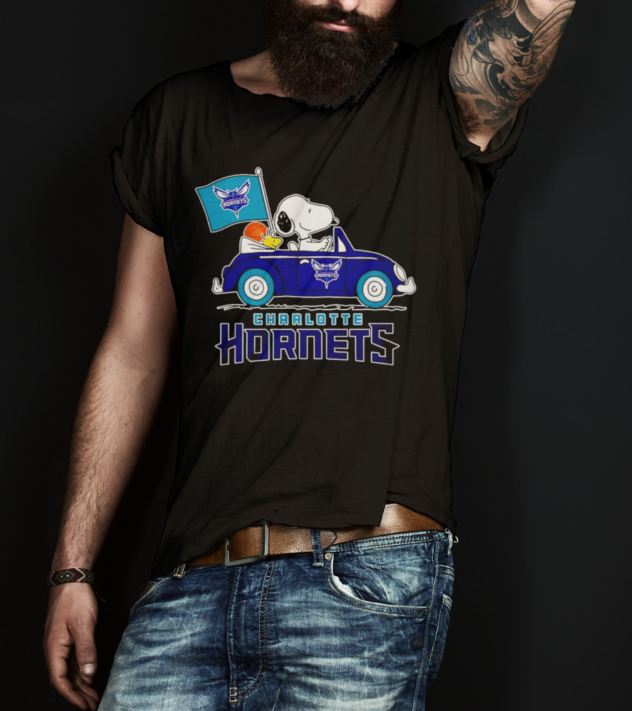 Charlotte Hornets Snoopy Dog Driving Car With Flag T-Shirt
