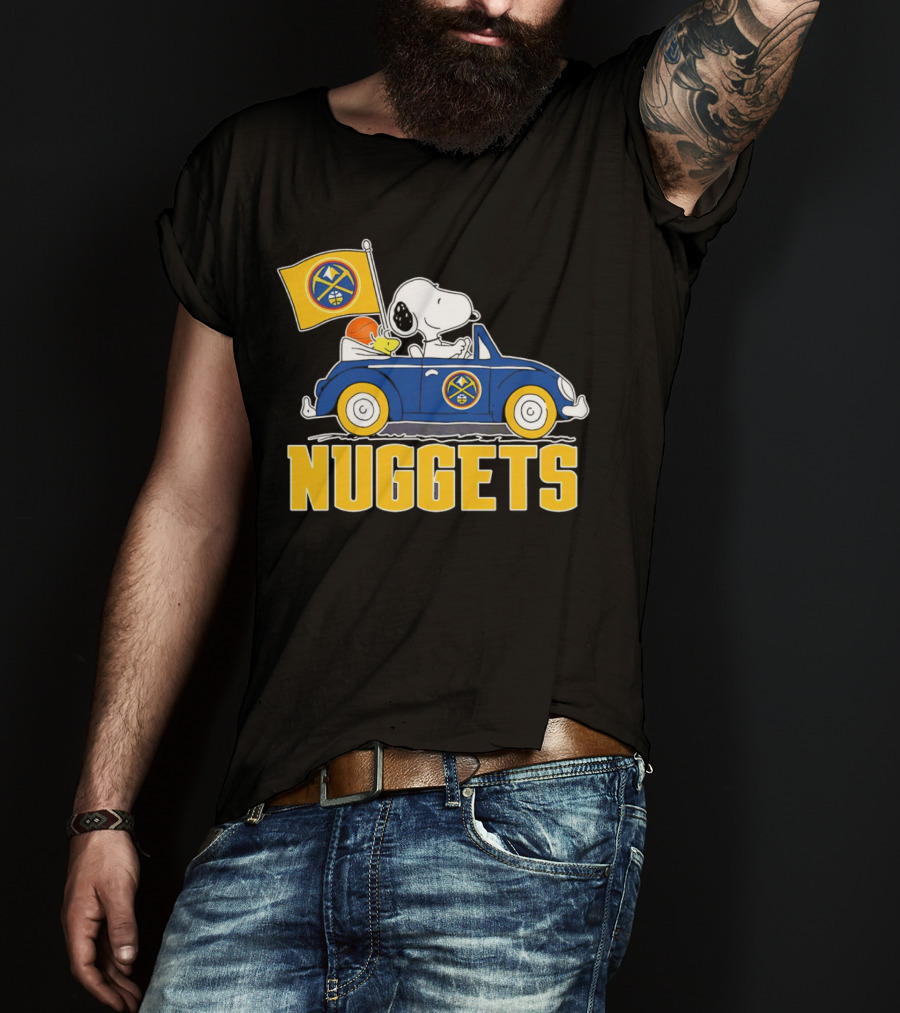 Denver Nuggets Snoopy Driving Car With Basketball Flag T-Shirt