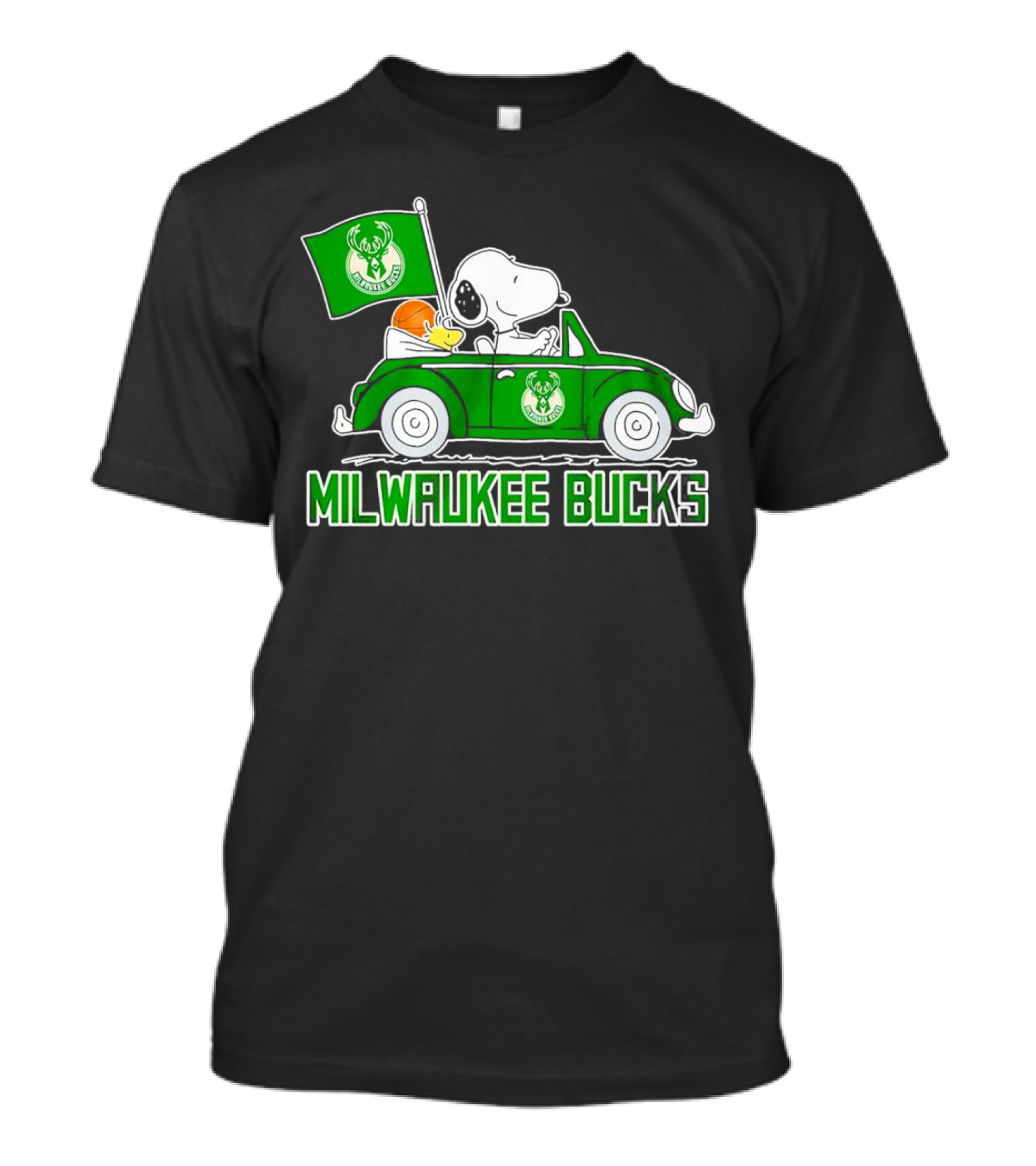 Milwaukee Bucks Snoopy Driving Car With Basketball And Team Flag T-Shirt