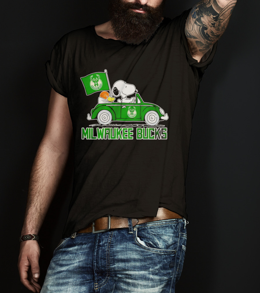 Milwaukee Bucks Snoopy Driving Car With Basketball And Team Flag T-Shirt