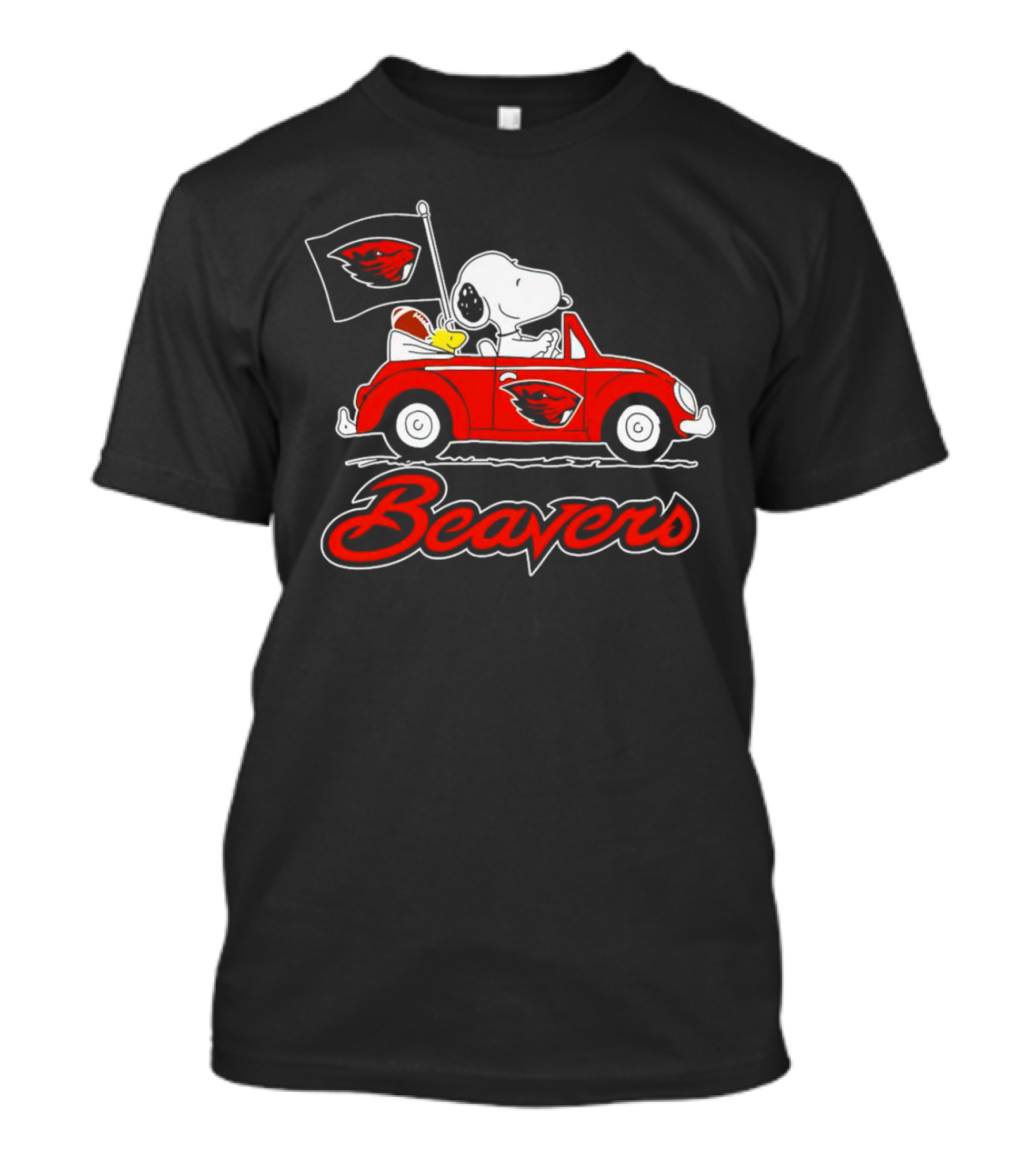 Snoopy Driving Oregon Beavers Football Car With Flag T-Shirt