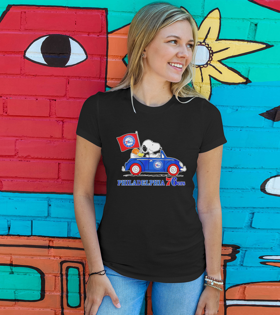 Philadelphia 76ers Snoopy Driving Car With Basketball And Flag T-Shirt