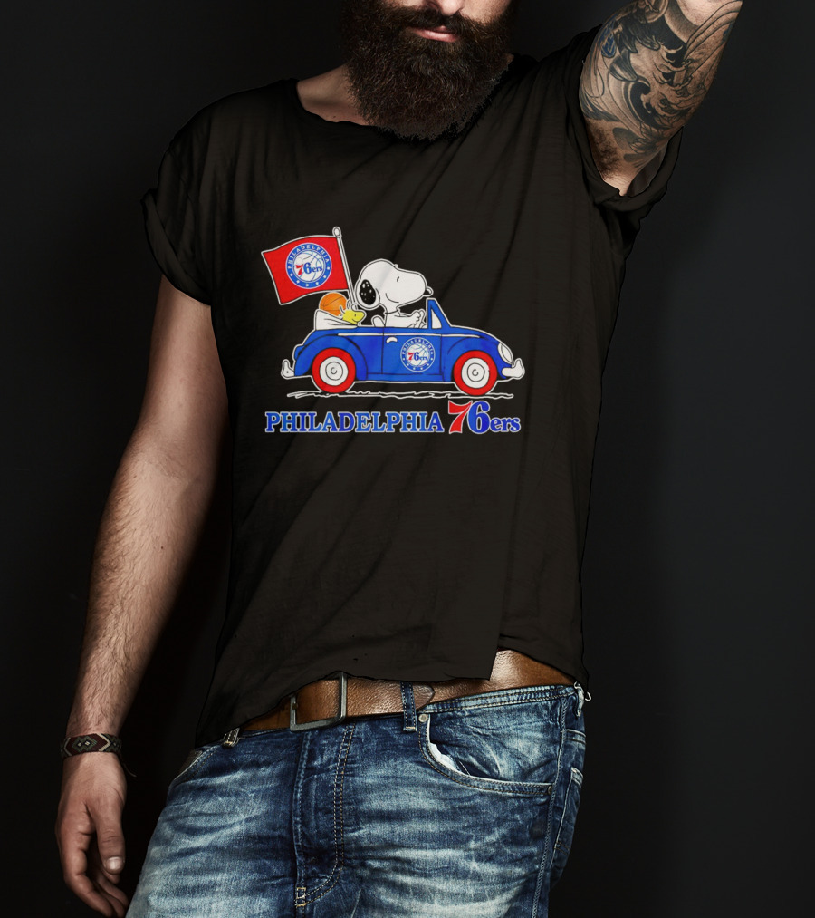 Philadelphia 76ers Snoopy Driving Car With Basketball And Flag T-Shirt