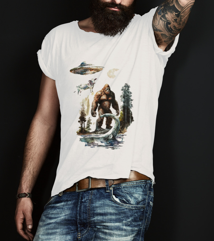 UFO Bigfoot Sasquatch Loch Ness Monster Alien Forest Scene T-Shirt