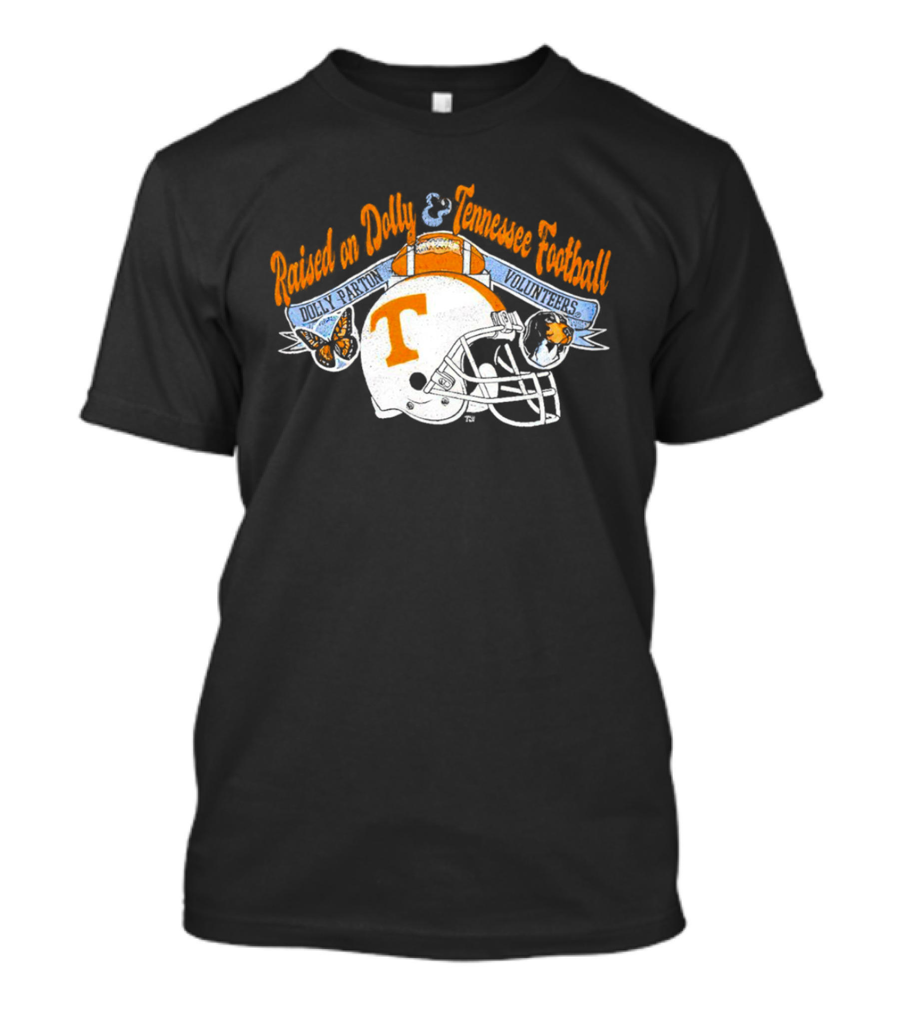 Raised On Dolly Parton And Tennessee Volunteers Football Helmet Butterfly Dog T-Shirt
