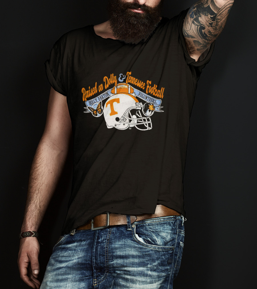 Raised On Dolly Parton And Tennessee Volunteers Football Helmet Butterfly Dog T-Shirt