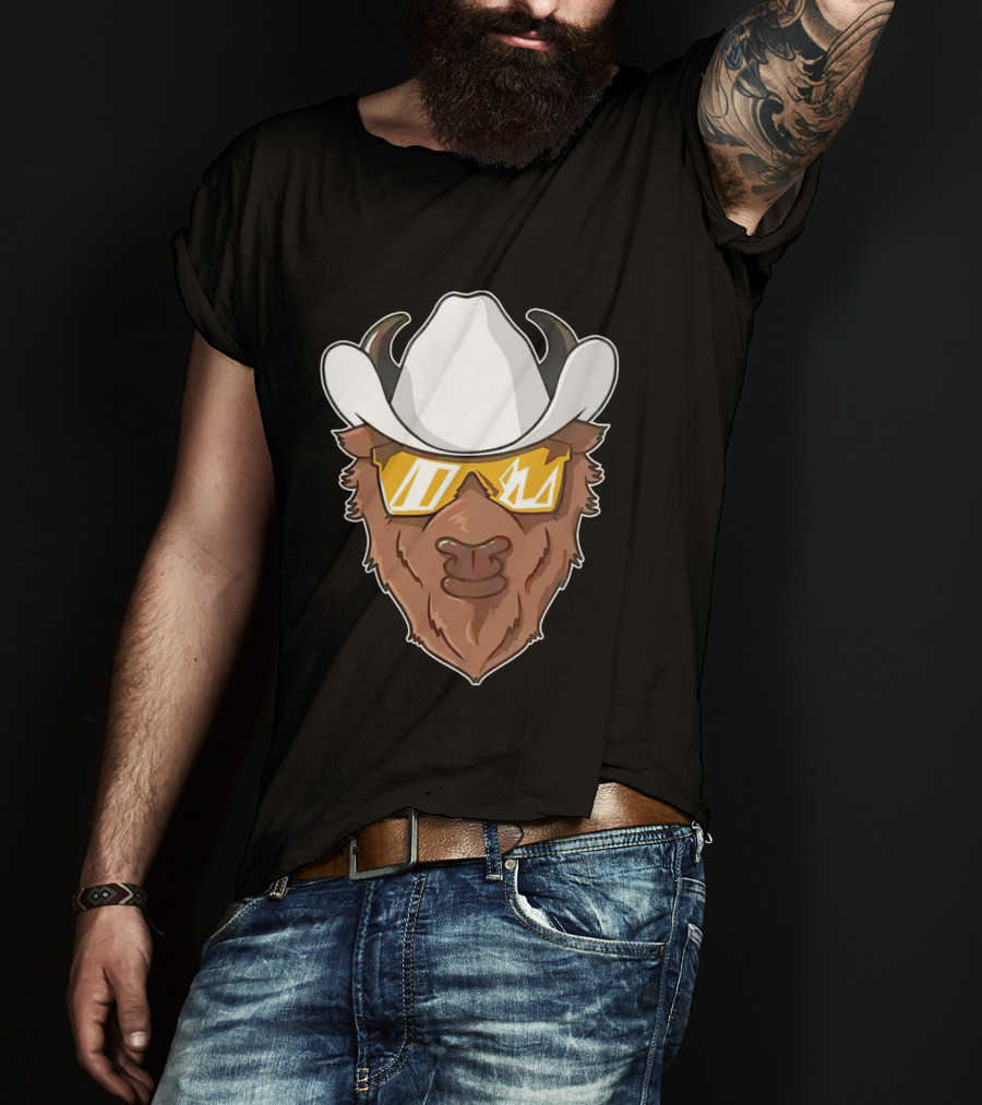 Cartoon Buffalo Wearing Cowboy Hats And Sunglasses T-Shirt
