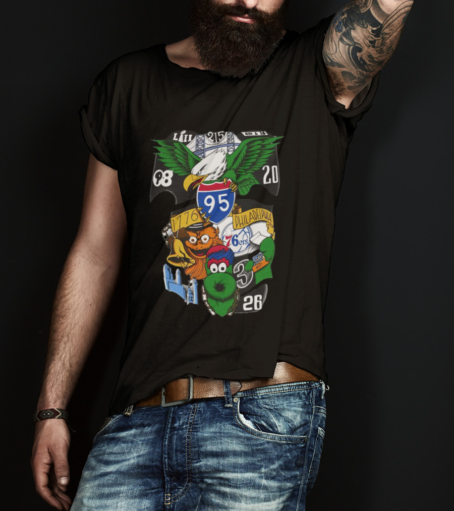 Philadelphia 76ers Eagles 76ers Mascots 1776 I-95 LIII 93 20 3 26 T-Shirt