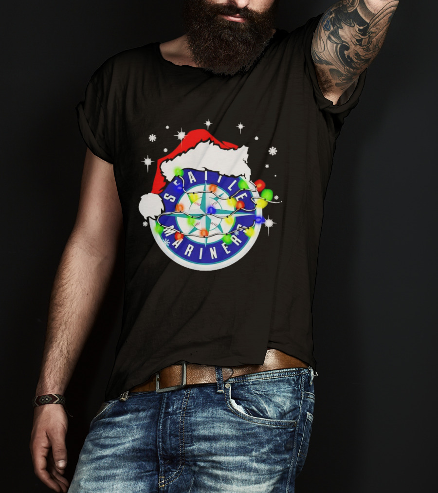 Santa Hat Seattle Mariners Christmas Lights Snowflakes T-Shirt