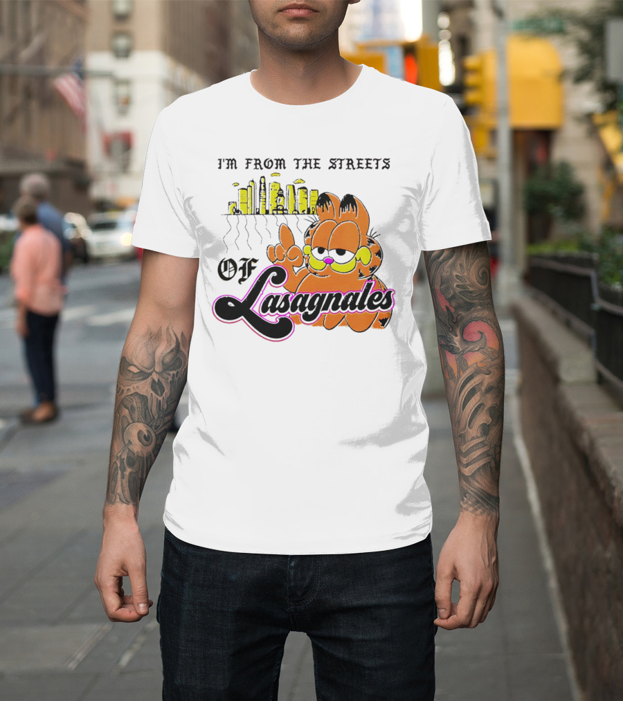 Garfield I'm From The Streets Of Lasagnales With City Skyline And Finger Pointing T-Shirt