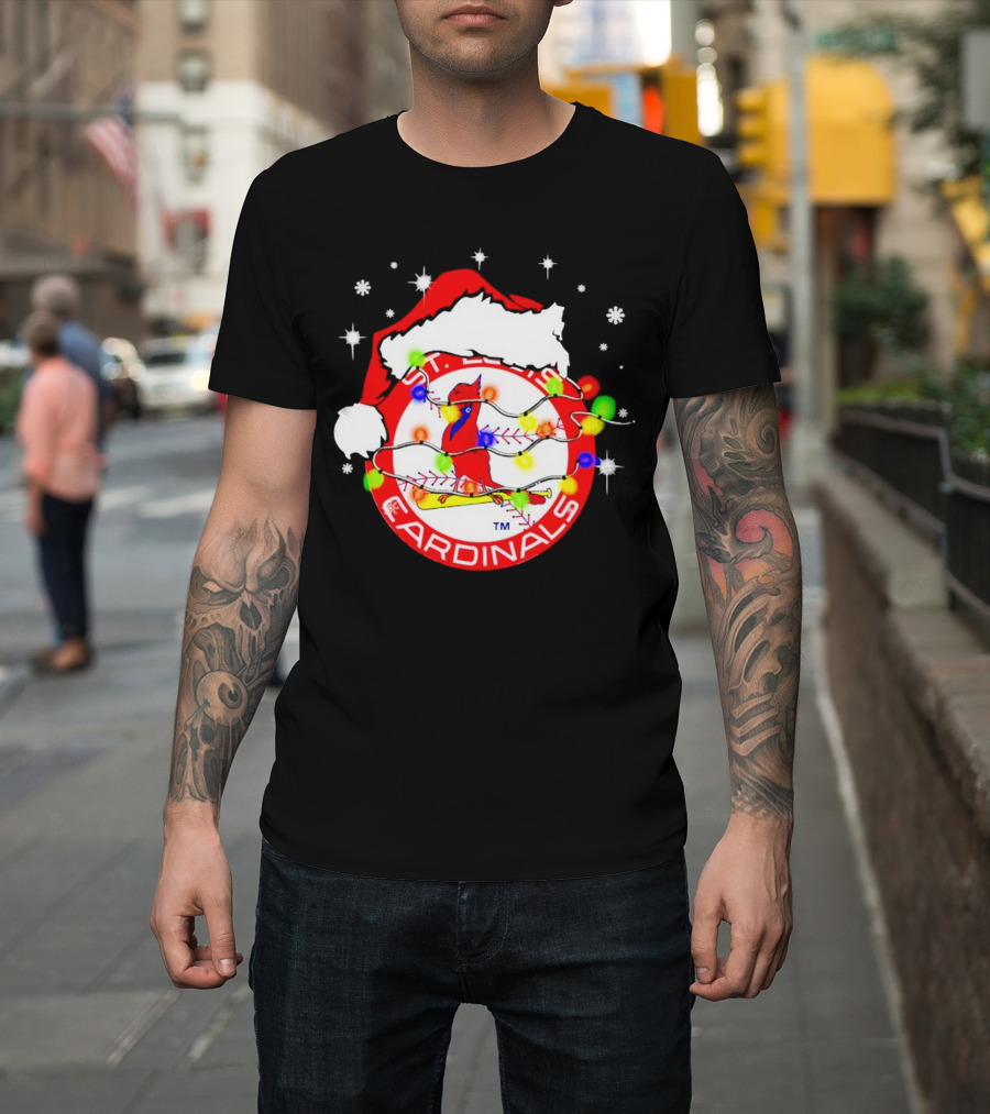 Santa Hat St. Louis Cardinals Christmas Lights Holiday T-Shirt