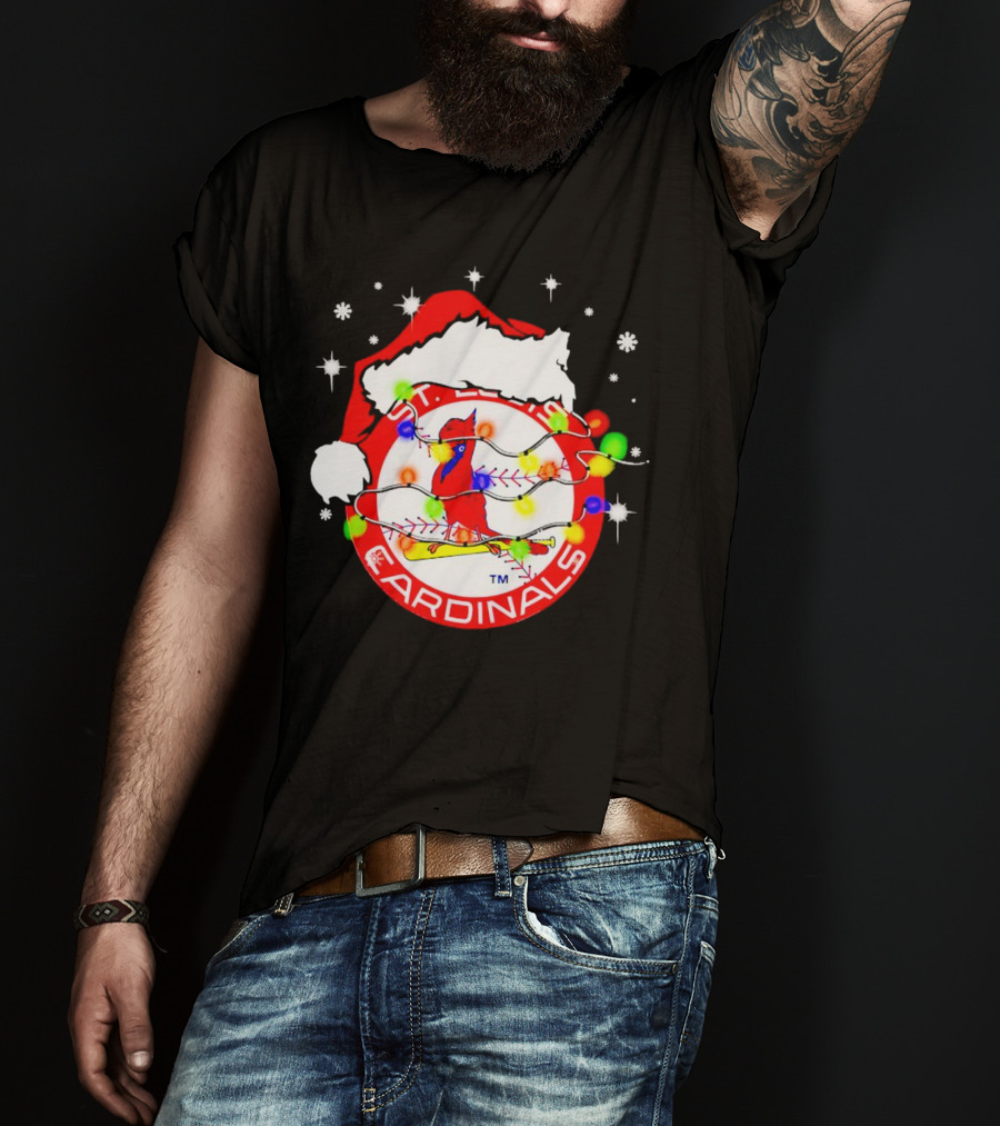 Santa Hat St. Louis Cardinals Christmas Lights Holiday T-Shirt