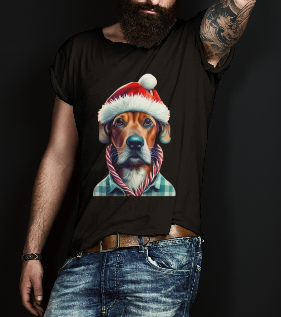 Dog In Santa Hat With Candy Cane Scarf Christmas T-Shirt